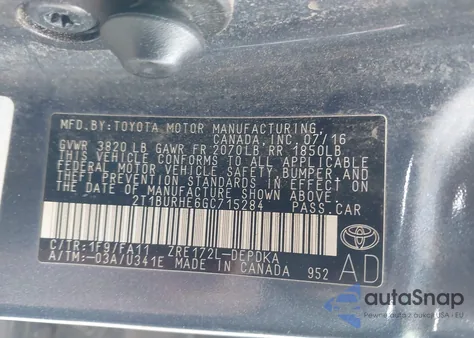 2016 Toyota Corolla L из США, поврежденный, VIN 2T1BURHE6GC715284